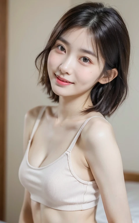 masutepiece, Best Quality, 8K, 18 yo, very beautiful Korean young girl, very beautiful face, sweet and cute face, skinny body, slender girl, slim waist, flat belly, beautiful tight round perfect breasts, beautiful tight perfect butt, slim small arms, slim small legs, slim small thighs, white skin, perfect skin,pale and soft skin,Raw photo, Soft light, Professional Lighting, Solo, Smile, close up, Face, close up, Cute, Girly, Goddess, Delicate girl, Neat and clean beauty, Full body, Digital SLR, Candid, Sophisticated, (Eyes and faces with detailed:1.0), Medium short hair swaying in the wind, tube top, short Pants,Pink sneakers, in bedroom, standing, beautiful rounding big breasts , without bra