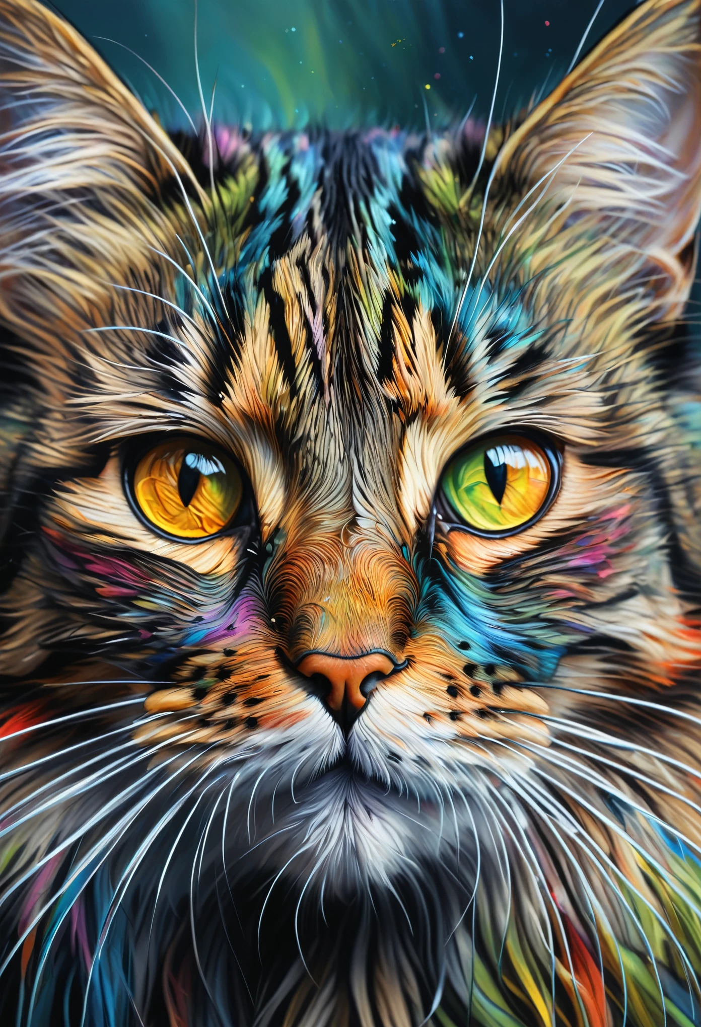painting of a Cat with a colorful face and long whiskers, Airbrush paintings inspired by Sam Spratt, Trending on Artstation, fur art, Beautiful Art UHD 4K, Highly detailed digital art in 4K, 4K Detailed Digital Art, Detailed painting 4k, Cat. Digital Painting, Beautiful digital art, Digital Painting highly detailed