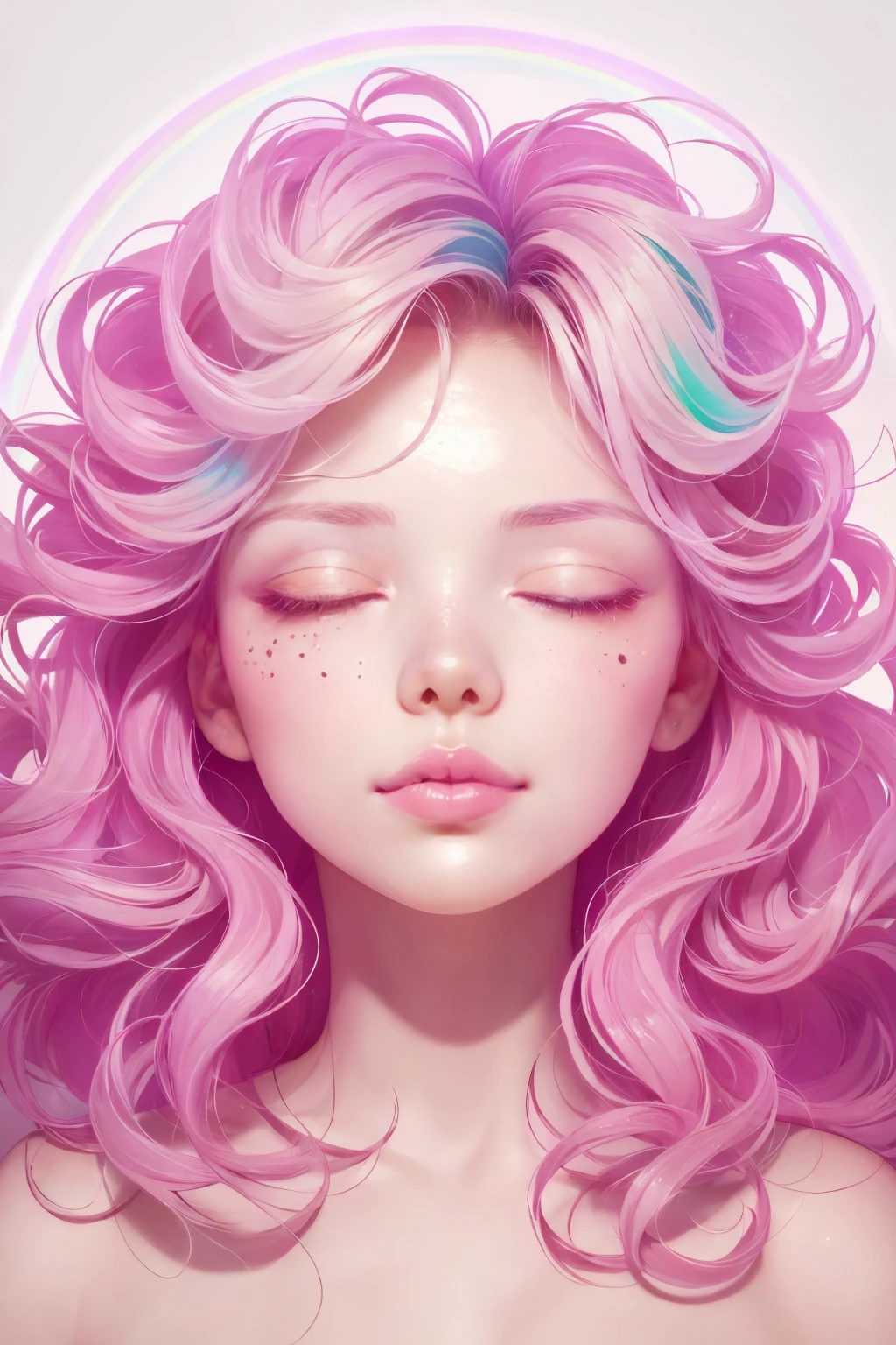 (This is a beautiful rainbow fantasy image that feels interesting and emphasizes glitter and iridescence.) Generate a ((blind)) curvy woman with colorful curly hair and milky white eyes. Her face is important and is perfectly formed with puffy lips and perfect features. (Her eyes are critically important and are (blank) and (solid white)). The image exudes ethereal beauty and soft fantasy. Include sweet and detailed birds and soft, luminous flowers in all the colors of the rainbow. The image's background is decorated in shades of pink, shimmer, glitter, and fantasy details like colored bubbles and cosmos. Utilize dynamic composition to create a compelling and action-packed image. Dramatic lighting and cinematic lighting enhance the woman's beauty and the soft colors in the artwork. (((((Perspective: head on.))))) Include fantasy, cute, colorful, colourful, interesting magic background, ((((blank eyes)))), ((((empty white eyes)))), (shirome eyes:1.3), (smirking), (perfectly rendered solid whiteeyes), ((birthmark on lip)), ((pretty lips)), beautiful background, complex background, sweet background, (((rainbow)))