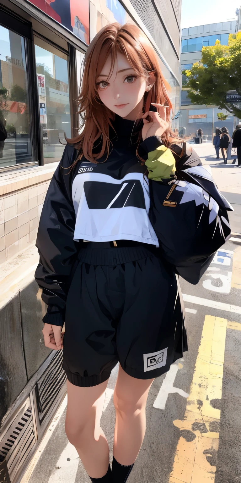 Absurd resolution, A high resolution, (masterpiece:1.4), ((gigantic braests)), ultra - detailed, 1girll, brown color eyes, cabelos preto e longos,Wear a sports uniform, the city street,sexyposture, The camera is close to the body