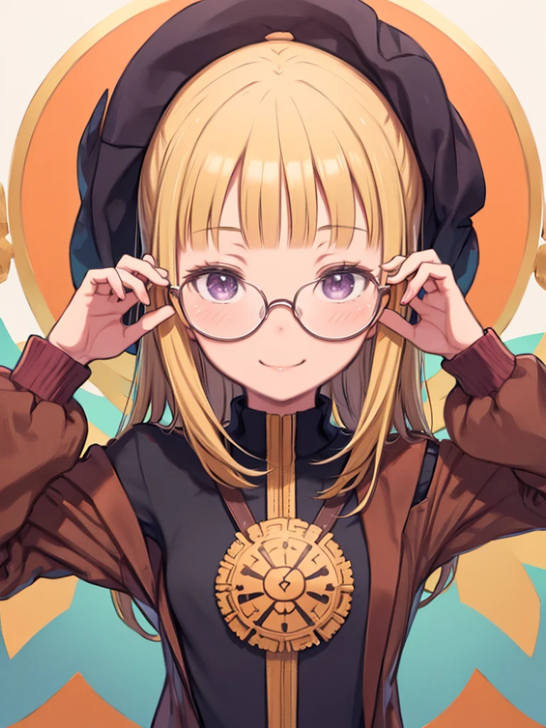 Wearing glasses、Close-up of a person wearing a brown jacket、Single Portrait, infp young woman, smile, impression, (oil), Green and orange tones、Blonde、Blunt bangs、Straight hair, Pulling the hair back、Purple eyes、((Red frame glasses)):1.5、one piece、Long sleeve、smile、