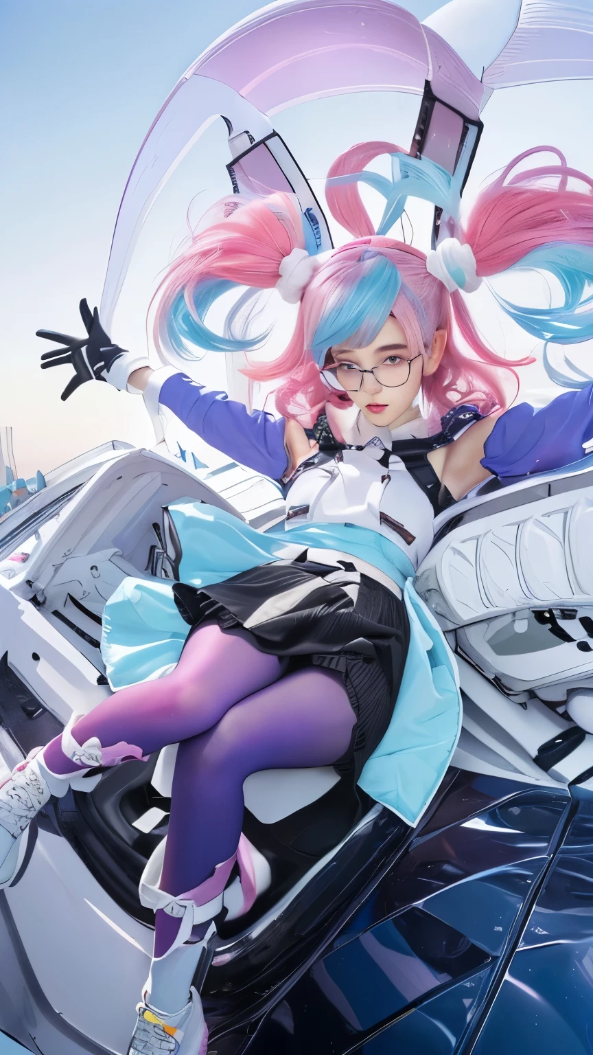 1girl, realistic, perfect face, detailed pupils, ultra high resolution, UHD, pink hair, gloves, twintails, solo, multicolored hair, glasses, pantyhose, white footwear