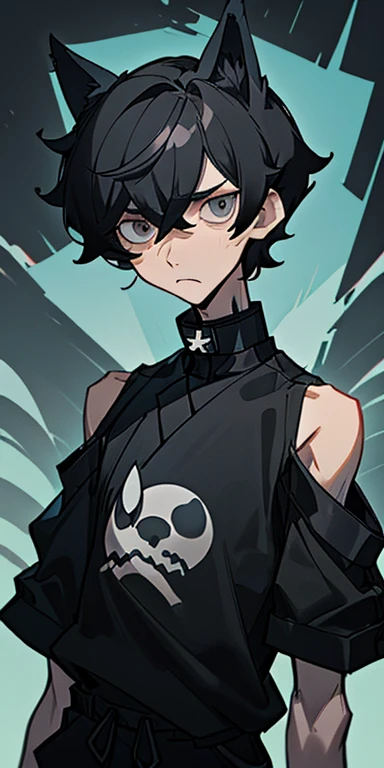 (simple but good quality) Male, slender figure, short black hair shoulder length, dog ears, tired-looking, eyes are a stormy gray-blue half-lidded, Dark circles under his eyes, upper body, street wear clothing.