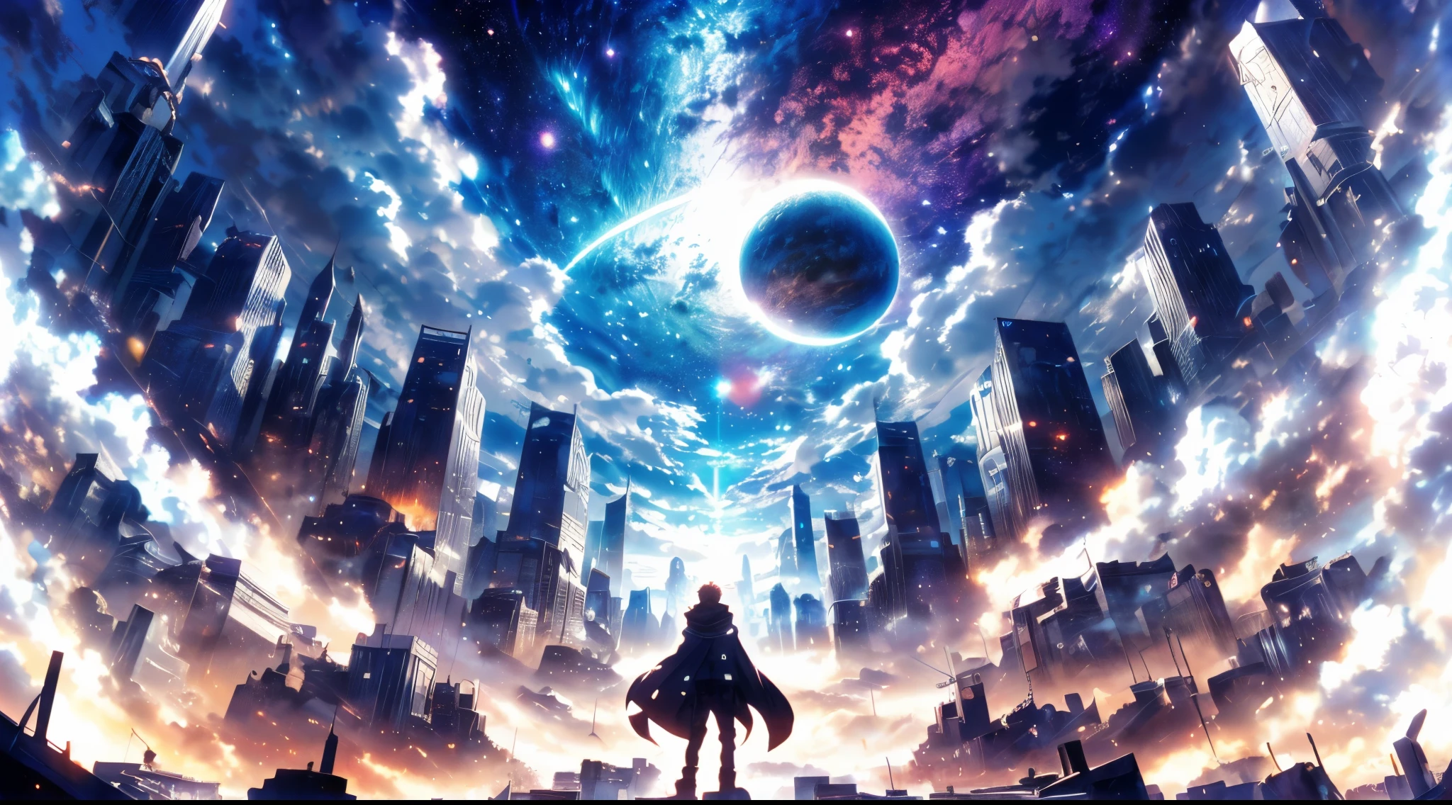 a man standing in front of a huge city with a giant planet in the background, anime epic artwork, anime art wallpaper 4k, anime art wallpaper 4 k, 4k anime wallpaper, anime wallpaper 4 k, anime wallpaper 4k, ultra hd anime wallpaper, anime art wallpaper 8 k, 4 k manga wallpaper, hd anime wallpaper, anime style 4 k