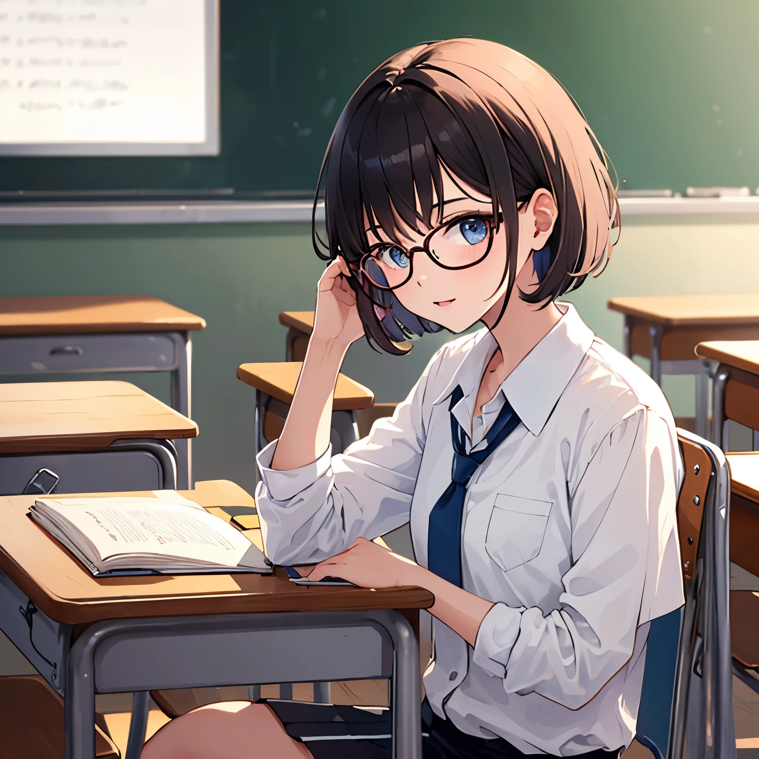 highest quality,girl,Glasses,classroom,Bobcut