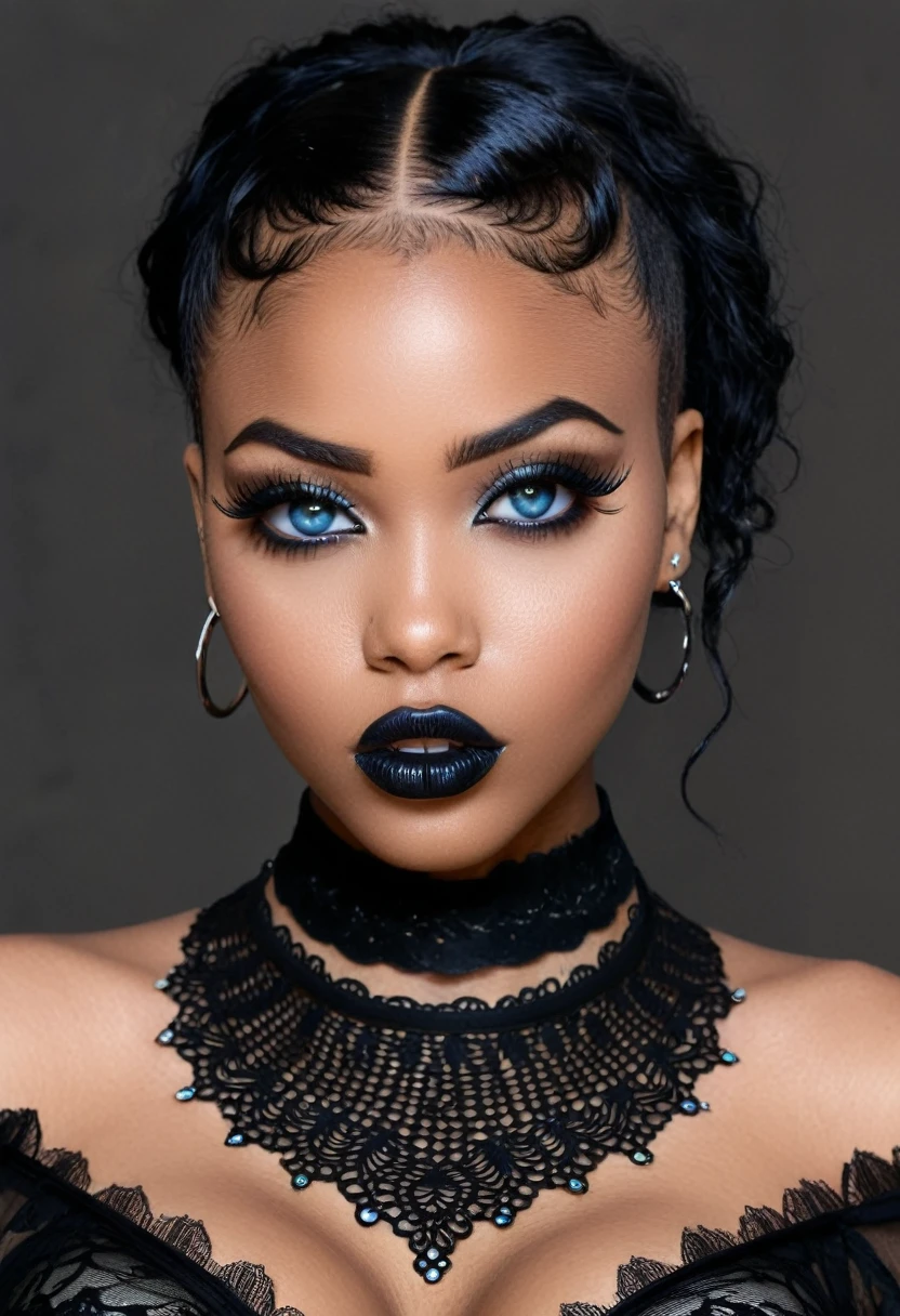 Create a photo realistic hyper realistic heavily tattooed young adorable African goth girl, beautiful perfect face, vibrant sapphire eyes, thin curved black eyebrows, long luscious eyelashes, black eyeliner, black eye shadow, puckered curved lips, thick black lipstick, long natural african hair, black lace choker collar, voluptuous curved body, large chest, black lingerie, black thong,