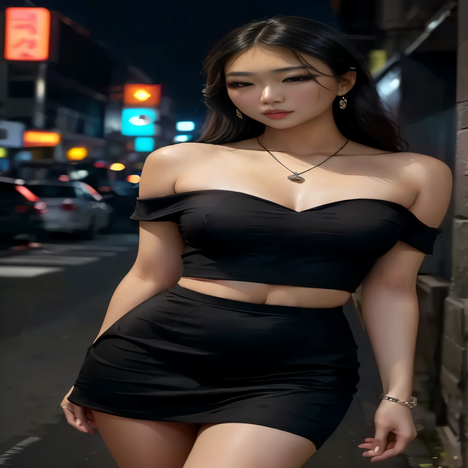araffe asian woman in a black dress walking down a street, wearing a sexy cropped top, black top, gorgeous young korean woman, open v chest clothes, beautiful south korean woman, korean girl, wearing crop top, korean women's fashion model, korean woman, attractive girl, beautiful young korean woman, sexy style, no bra, attractive woman