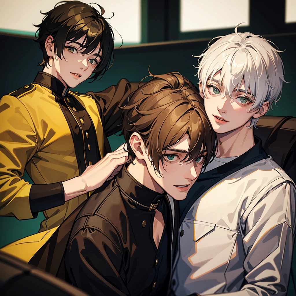 Two young men hugging.one is beautiful ,18years old with white short hair and green eyes with cute smile.the other is serious characterized ,23years old with black wolfy haircut and yellowish brown eyes,smiling with soft smile