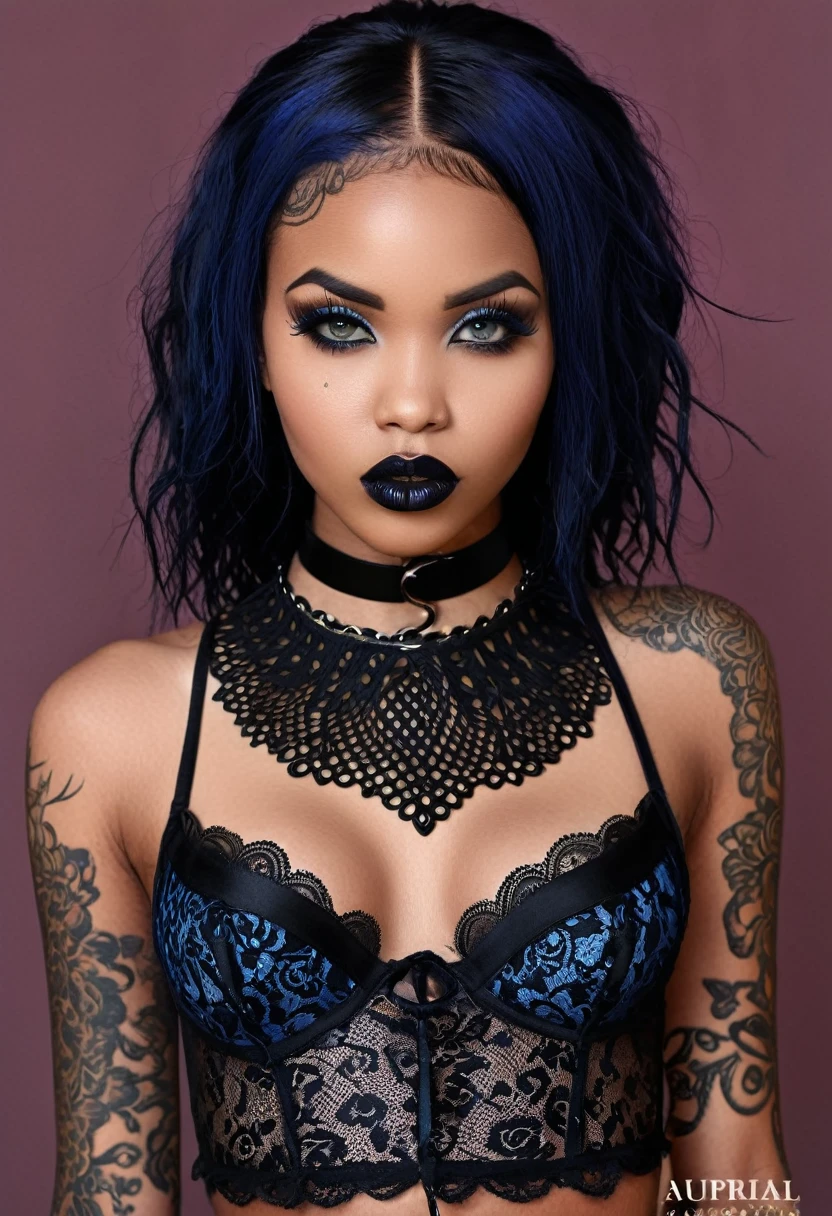 Create a photo realistic hyper realistic heavily tattooed young adorable African goth girl, beautiful perfect face, vibrant sapphire eyes, thin curved black eyebrows, long luscious eyelashes, black eyeliner, black eye shadow, puckered curved lips, thick black lipstick, long natural african hair, black lace choker collar, voluptuous curved body,large chest black lingerie, black thong, full body view 