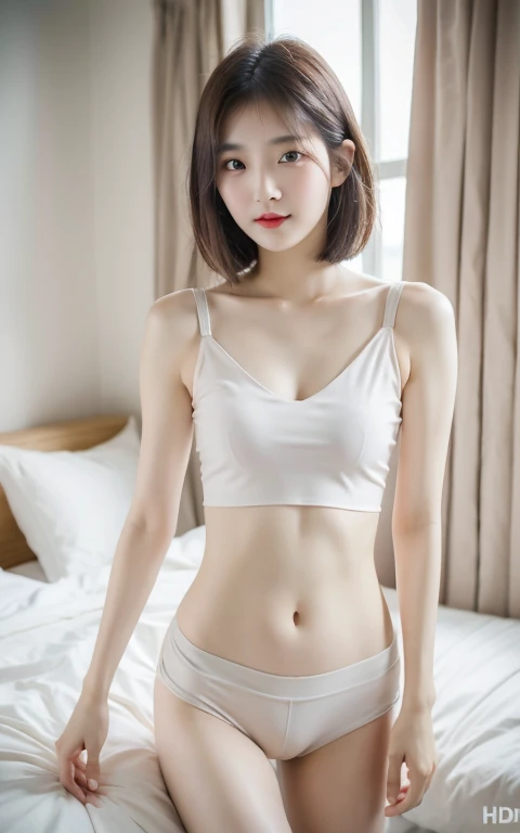 beautiful Korean young girl, 20 years old girl, skinny slim body, slender girl, pale and soft skin, tight round perfect breast, tight round butt, tube top, short pants, in bedroom,short hair, full body photo,HD quality photo,4k resolution