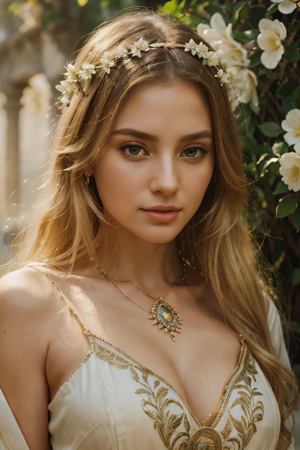 1 of 18 years, just, long hair, average size , gazing at viewer, hair blonde, bared shoulders, eyes browns, jewerly, whole whole body, necklase, Off The Shoulder, park, lips, realisitic, nase, flirting with the camera