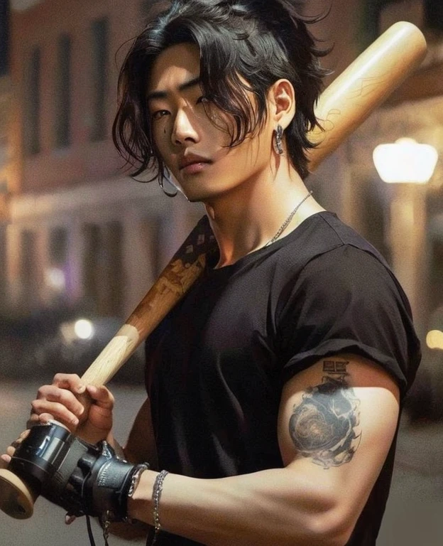 Arafed man with a baseball bat in his hand and a camera., jinyoung shin, kim taejin, Won Bin Lee, inspirado en Gang Se-hwang, hyung tae, handsome japanese demon boy, cai xukun, con hacha, arte de fan, jungkook, seson yoon, Hiro, Hong June Hyung, artista coreano, steven jung, hombre surcoreano