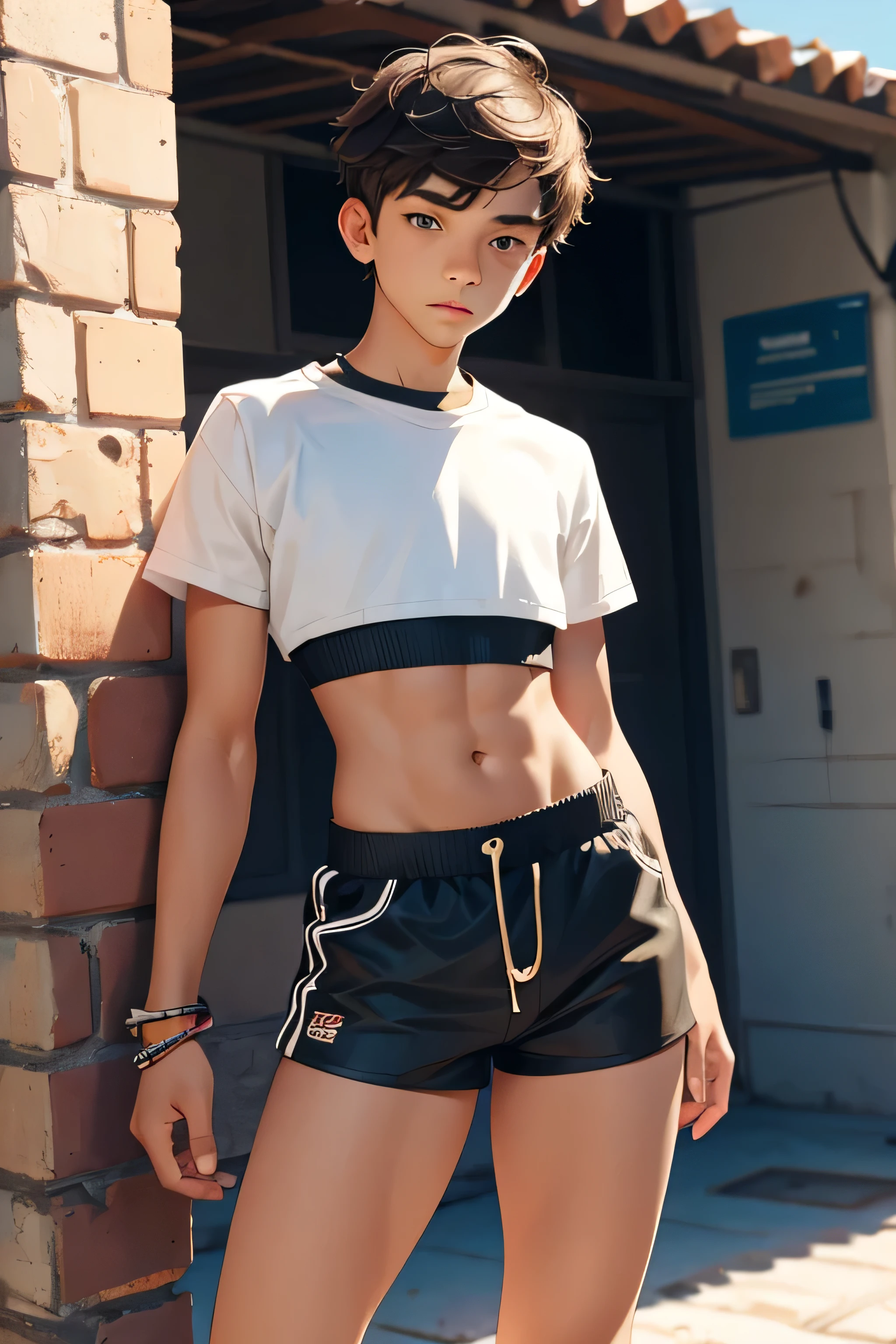 Teen boy ************, boy wears a crop top and too very short shorts,