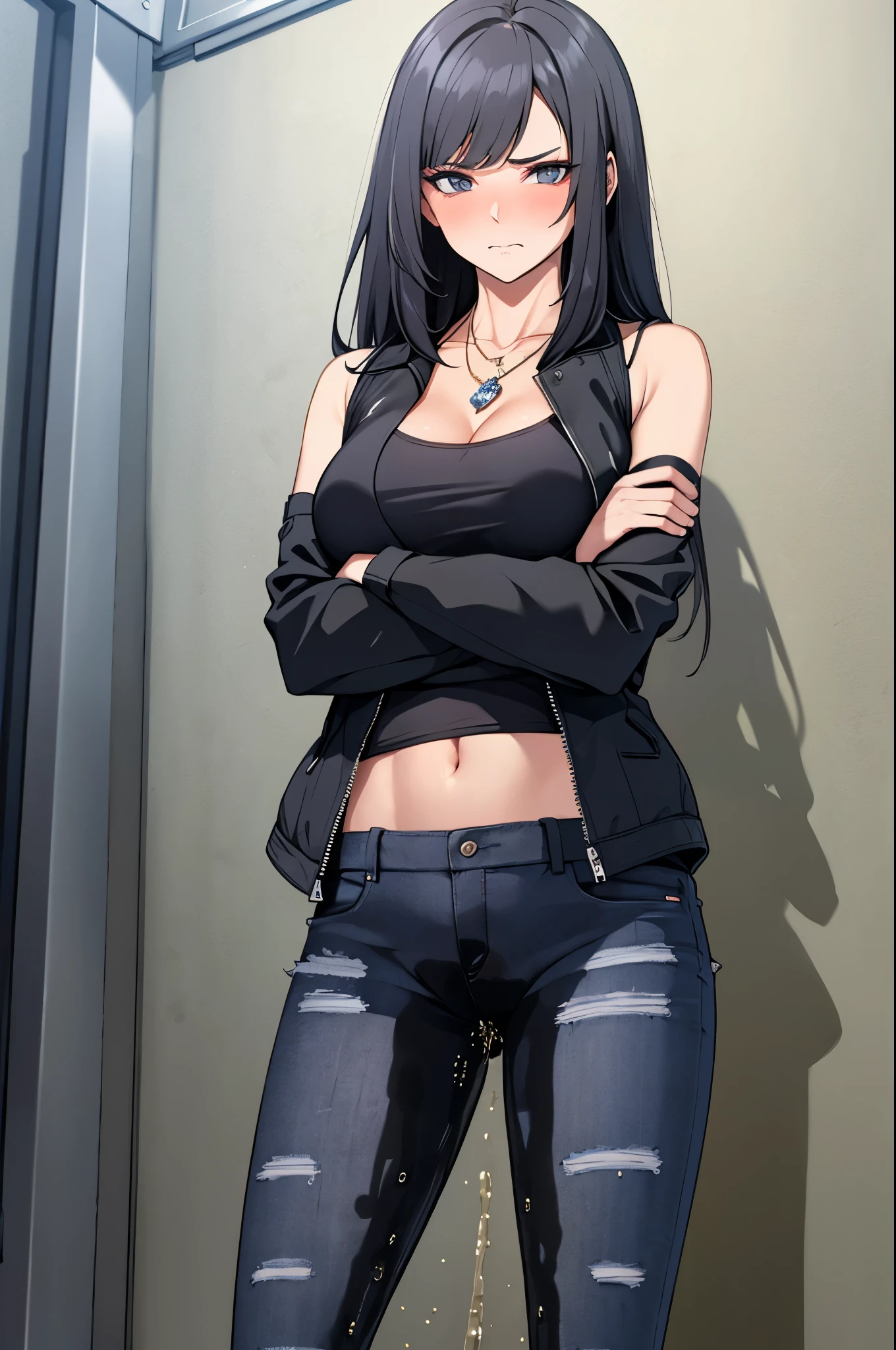 A woman with very long black hair and (very long bangs:1.5), wearing a (stylish long jacket:1.5) and tight jeans, (low-rise jeans:1.25), (low-cut jeans:1.25), standing. The artwork is inspired by manga and incorporates a doujin style. The woman appears to be (wetting herself:1.5), which causes her to feel embarrassed and humiliated, resulting in a blush on her face. In addition, there is an air of anger in her expression. The lighting in the scene is moody, with a spotlight highlighting the woman's figure. She is crossing her arms, (arms crossed:1.5), fully showcasing the very large pee stain on her jeans., large breasts, navel, midriff, groin, mound of venus, cleavage, diamond necklace, bikini top, thin