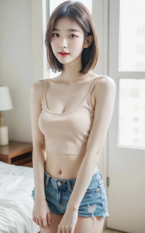 beautiful Korean young girl, 20 years old girl, skinny slim body, slender girl, pale and soft skin, tight round perfect breast, rounding big breasts, tight round butt, tube top, short pants, in bedroom,short hair, full body photo,HD quality photo,4k resolution