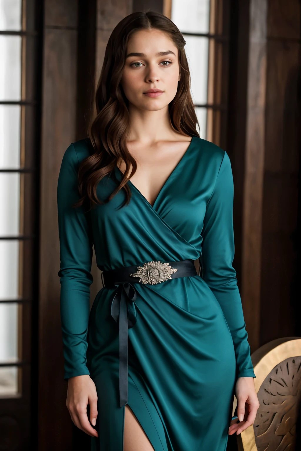 Personagem de Game of Thrones, da casa Stark 
Cabelos ruivo acobreado, liso, very long to the waist.
Rosto angelical, delicado extremamente linda, olhos verdes amendoados. Slender and curvilinear body. Vestido preto e cinza, que mostra os ombros, extremely detailed with the symbol of house Stark. Beleza estonteante, extremamente bela e angelical 