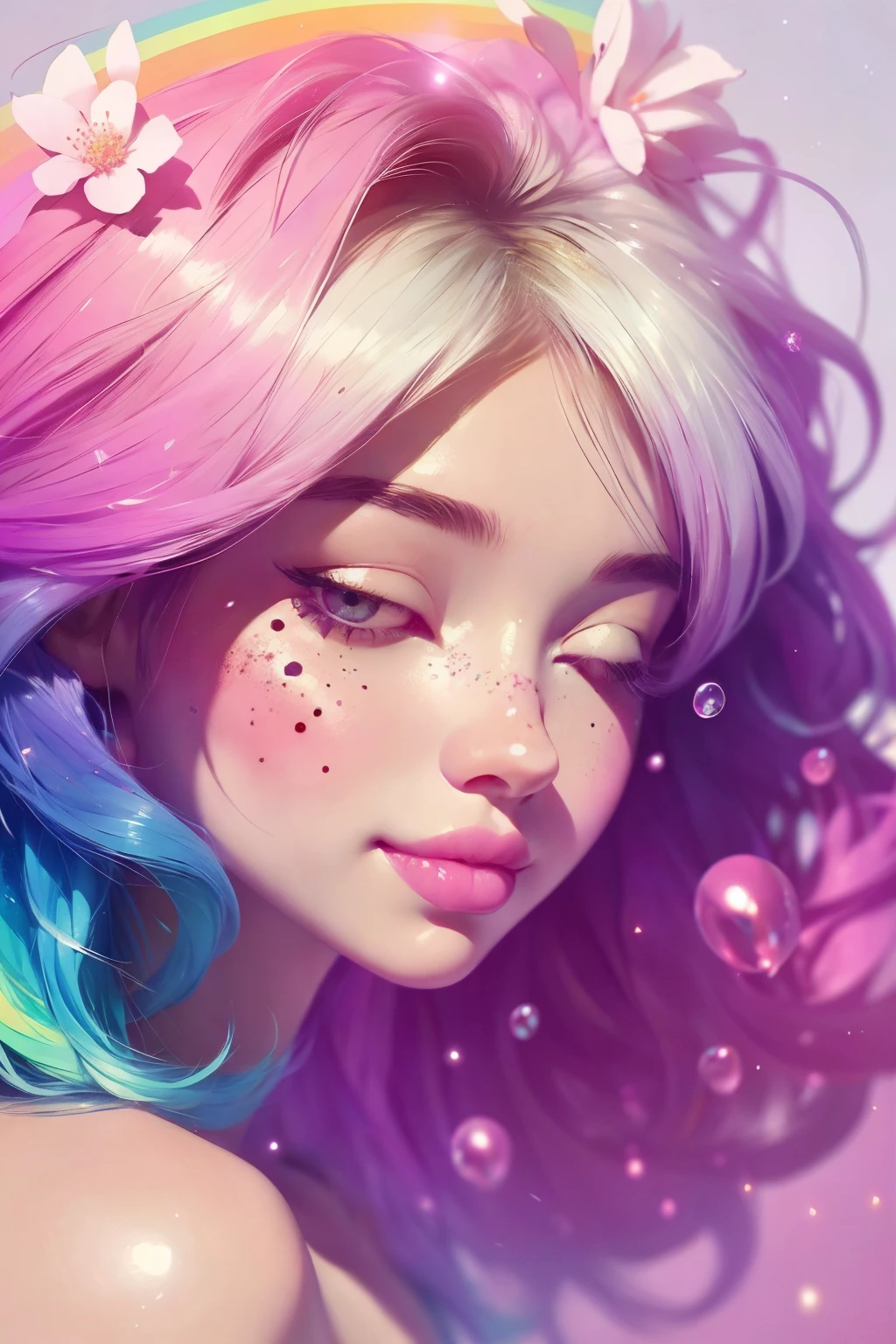 (This is a beautiful rainbow fantasy image that feels interesting and emphasizes glitter and iridescence.) Generate a ((blind)) curvy woman with colorful curly hair and milky white eyes. Her face is important and is perfectly formed with puffy lips and perfect features. (Her eyes are critically important and are (blank) and (solid white)). The image exudes ethereal beauty and soft fantasy. Include sweet and detailed birds and soft, luminous flowers in all the colors of the rainbow. The image's background is decorated in shades of pink, shimmer, glitter, and fantasy details like colored bubbles and cosmos. Utilize dynamic composition to create a compelling and action-packed image. Dramatic lighting and cinematic lighting enhance the woman's beauty and the soft colors in the artwork. (((((Perspective: head on.))))) Include fantasy, cute, colorful, colourful, interesting magic background, ((((blank eyes)))), ((((empty white eyes)))), (shirome eyes:1.3), (smirking), (perfectly rendered solid whiteeyes), ((birthmark on lip)), ((pretty lips)), beautiful background, complex background, sweet background, (((rainbow)))