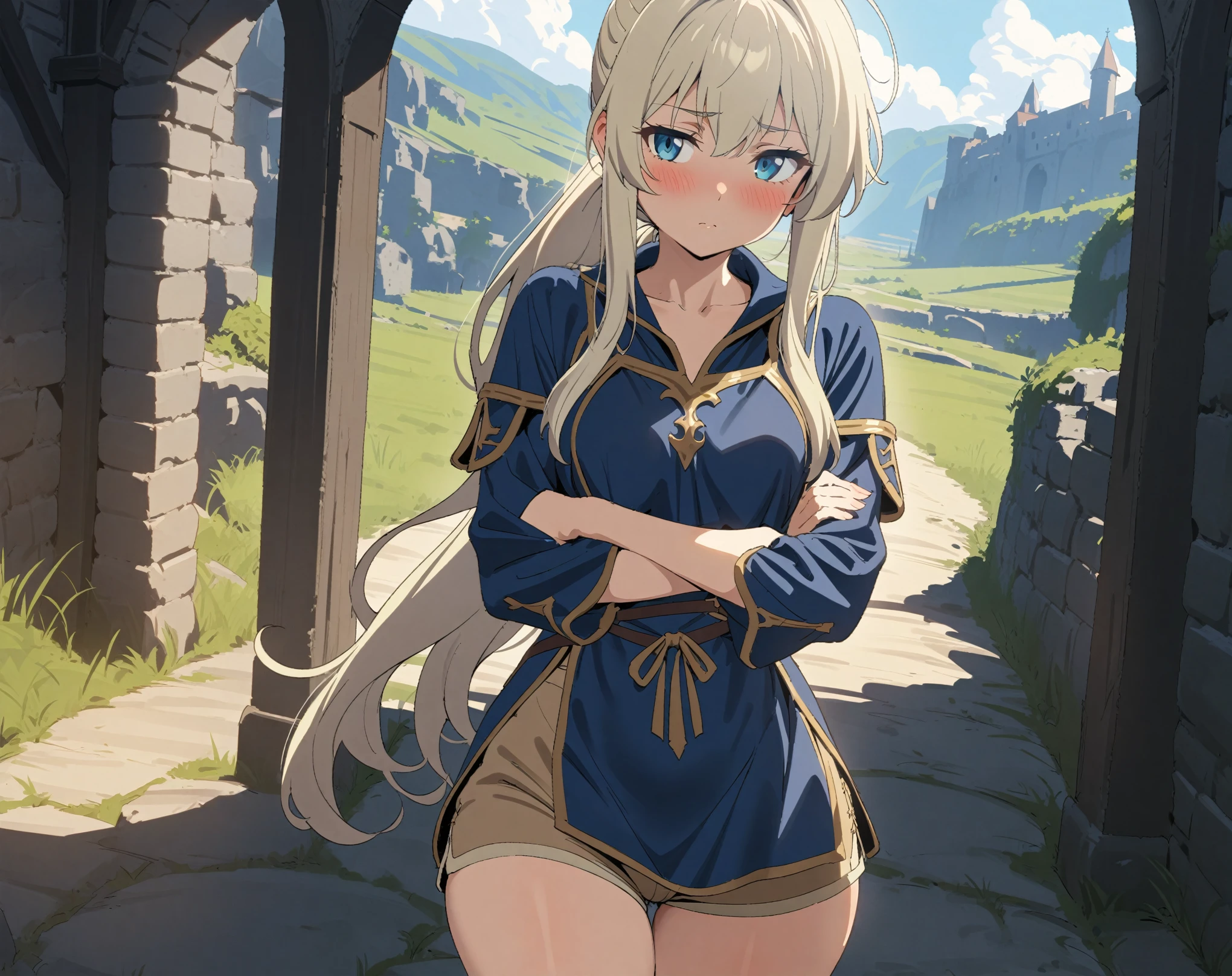 (Masterpiece, best quality, highres) {{Artist: Sincos}} 1 woman, adult, solo, 23 years old, small breasts, platinum blonde hair, long hair, ponytail, blue eyes, wide hips, thick thighs, taller than camera, blushing, looking straight ahead, looking at camera, blue tunic, gold trim, beige shorts, on gravel road, pov, at day, standing straight, looking at camera, crossing arms, medieval fantasy.