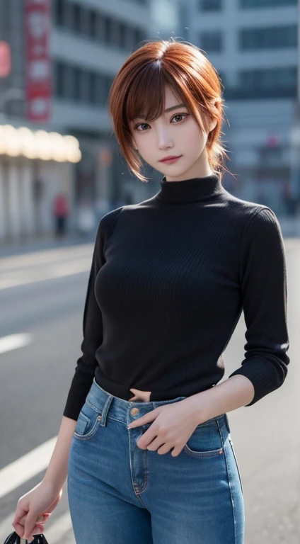 masterpiece, One beautiful girl, detailed, Swollen eyes, highest quality, 超A high resolution, (reality: 1.4), Original photo, One Girl, Light, (Laughter:0.6), Japanese, Asian Beauty, Korean, Proper, Very very beautiful, A little younger face, Beautiful skins,Orange Hair、 thin, Leather jeans、Cyberpunk Background, (超reality的な), (Awareness-raising), (High resolution), (8k), (非常にdetailedな), (The best Awareness-raisingns), (Beautiful and detailed eyes), (超detailedな), (wallpaper), (detailedな顔), Looking at the audience, 細かいdetailed, detailedな顔、Deep Shadow、Inconspicuous、Pure Erotic Face Ace_v1、46 point diagonal bangs、Look straight ahead、Dress neatly、Black eye color、