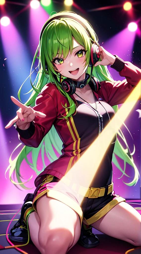 anime girl,club jacket and shorts, headphones,DJ turntable set,club lighting,stage,confetti,dancing,smiling,(best quality:1.2),(ultra-detailed:1.2),(realistic:1.37),HDR,vivid colors,portraits,shorts,headphone girl,energetic pose,colorful lights,stage set,confetti raining,joyful expression,dance floor ,anime style, atmosphere,techno music,electronic dance music,festival vibes,hip hop beats,festival outfit,energetic dance moves,expressive eyes,long hairstyle with vibrant green and red color hair, gold eyes, elaborate makeup neon lights,beaming smile,positive vibes,high-energy performance,stylized backgrounds,colorful visuals,excitement in the air, full body portrait, kneeling