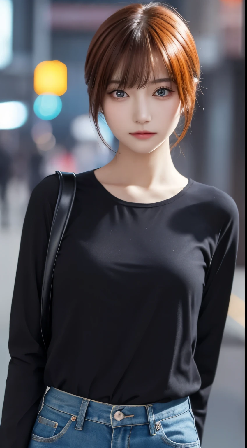 masterpiece, One beautiful girl, detailed, Swollen eyes, highest quality, 超A high resolution, (reality: 1.4), Original photo, One Girl, Light, (Laughter:0.6), Japanese, Asian Beauty, Korean, Proper, Very very beautiful, A little younger face, Beautiful skins,Orange Hair、 thin, Leather jeans、Cyberpunk Background, (超reality的な), (Awareness-raising), (High resolution), (8k), (非常にdetailedな), (The best Awareness-raisingns), (Beautiful and detailed eyes), (超detailedな), (wallpaper), (detailedな顔), Looking at the audience, 細かいdetailed, detailedな顔、Deep Shadow、Inconspicuous、Pure Erotic Face Ace_v1、46 point diagonal bangs、Look straight ahead、Dress neatly、Black eye color、