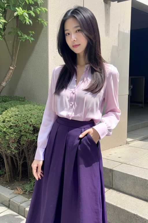 ((超detailedな)), ((highest quality)), ((masterpiece)), (detailed), Perfect Face, Japanese, Only one female, walk, (Light purple blouse) break (((Deep purple long skirt))), Mature Woman, teacher, break ((black messy long hair)), Showing his forehead, (Narrow waist), Well-formed eye shape,
