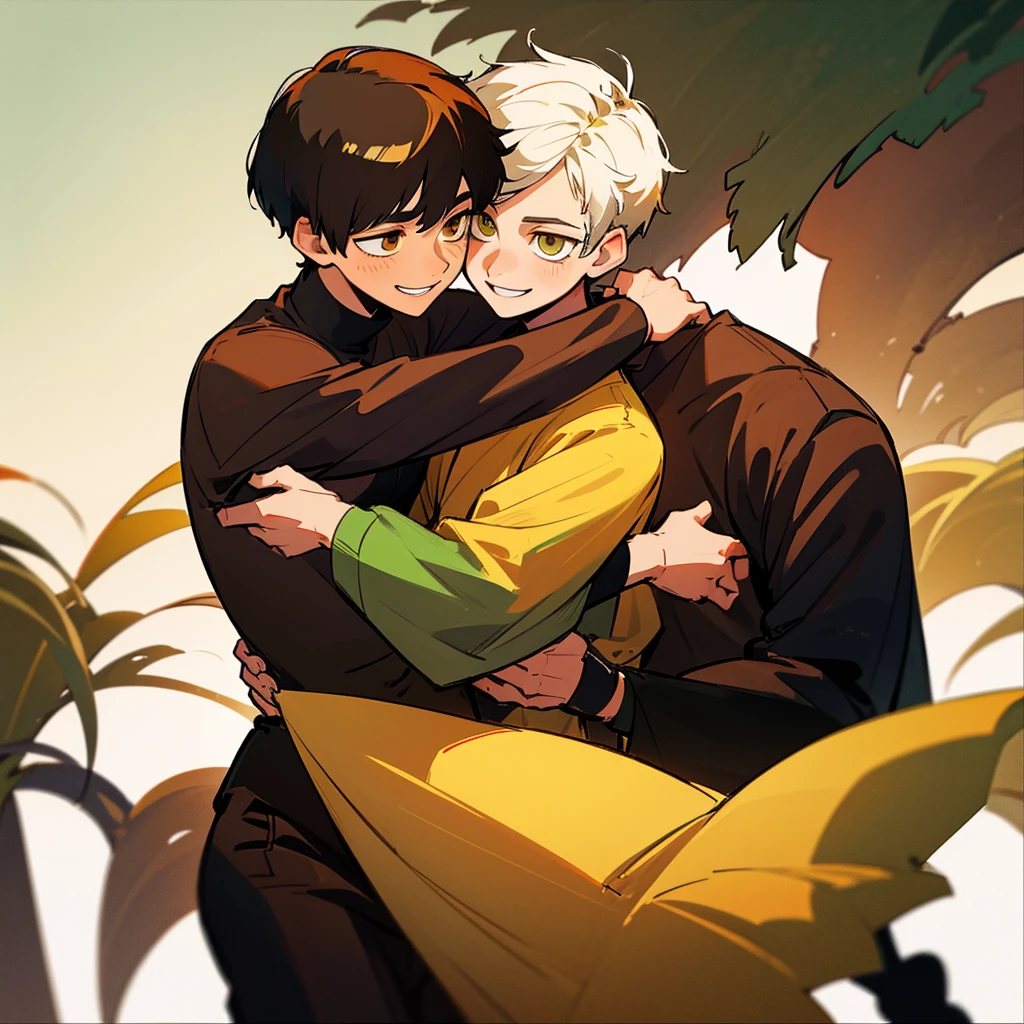 Two young men hugging.one is beautiful ,18years old with white short hair and green eyes with cute smile.the other is serious characterized ,23years old with black wolfy haircut and yellowish brown eyes,smiling with soft smile