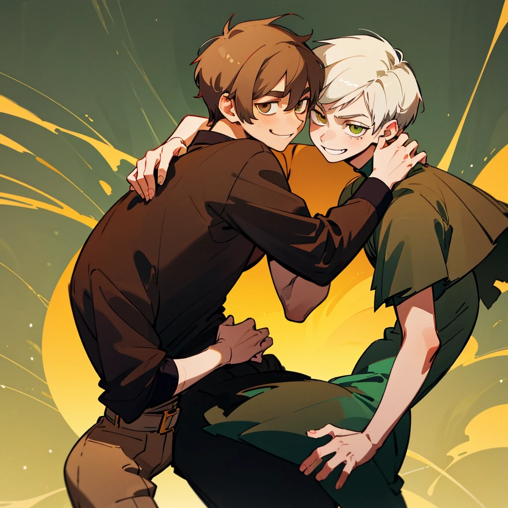 Two young men hugging.one is beautiful ,18years old with white short hair and green eyes with cute smile.the other is serious characterized ,23years old with black wolfy haircut and yellowish brown eyes,smiling with soft smile