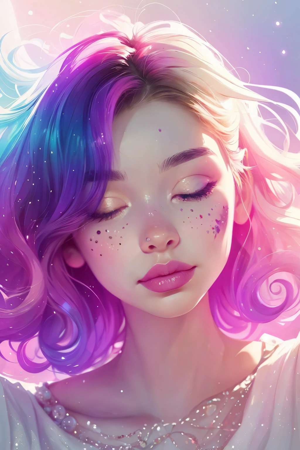 (This is a beautiful rainbow fantasy image that feels interesting and emphasizes glitter and iridescence.) Generate a ((blind)) curvy woman with colorful curly hair and milky white eyes. Her face is important and is perfectly formed with puffy lips and perfect features. (Her eyes are critically important and are (blank) and (solid white)). The image exudes ethereal beauty and soft fantasy. Include sweet and detailed birds and soft, luminous flowers in all the colors of the rainbow. The image's background is decorated in shades of pink, shimmer, glitter, and fantasy details like colored bubbles and cosmos. Utilize dynamic composition to create a compelling and action-packed image. Dramatic lighting and cinematic lighting enhance the woman's beauty and the soft colors in the artwork. (((((Perspective: head on.))))) Include fantasy, cute, colorful, colourful, interesting magic background, ((((blank eyes)))), ((((empty white eyes)))), (shirome eyes:1.3), (smirking), (perfectly rendered solid whiteeyes), ((birthmark on lip)), ((pretty lips)), beautiful background, complex background, sweet background, (((rainbow)))