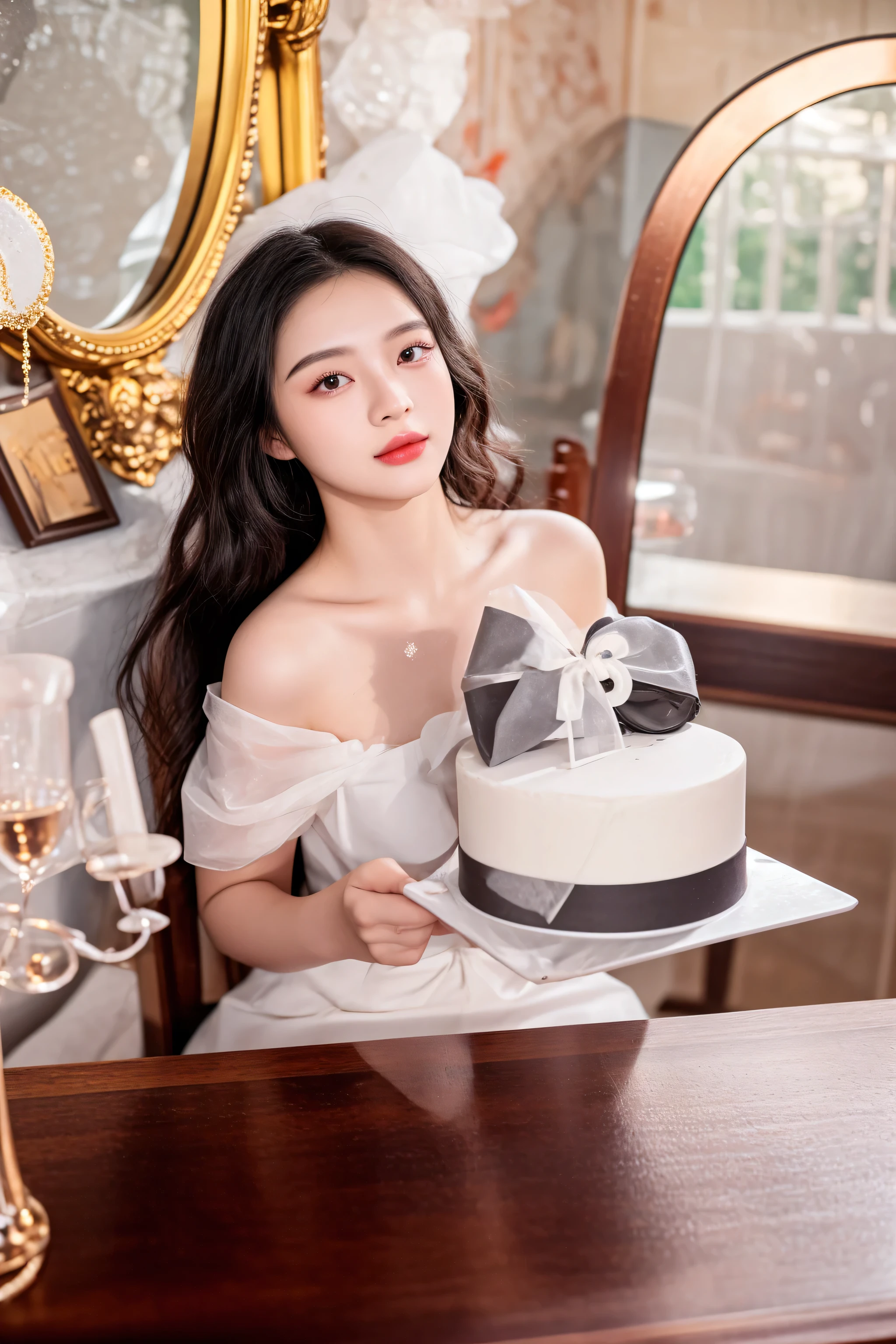 there is a woman sitting at a table with a cake, 2 8 years old, 2 9 years old, 2 7 years old, 2 3 years old, holding a birthday cake, 2 2 years old, sha xi, 2 4 years old, 21 years old, 2 4 year old female model, 25 years old, 2 5 years old