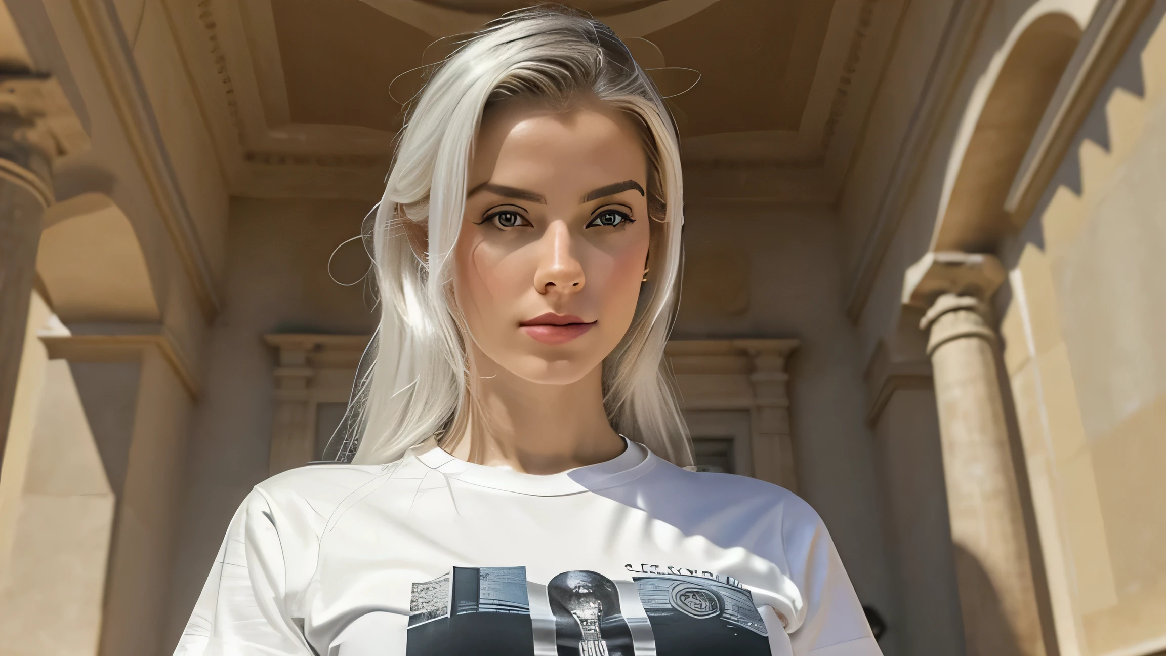 fotografiagrafia crua, ultra-detalhado fotografiarrealista, hiper-realista, anatomic, elegante, Estilo HR Giger, Estilo Joe Benitez, 8k, melhor qualidade, obra prima, extremamente delicado e lindo, extremamente detalhado, (realista, fotografiarrealista:1.37), incrivelmente absurdos, His posture is confident and determined, reflecting the courage and determination that make her such a captivating character. analogue style, Modelo estilo de tiro, Retrato RAW de 1girl, pele clara, white hair, cabelos brancos longos, skinny girl, slender girl, small breats, athletic, defined muscles, white cotton t-shirt, foco no rosto, ((beautiful face: 1.7, rosto perfeito:1.3)), (de cima:1.2), maquiagem escura sobre os olhos, red-lips, olhos realistas, olhos azuis, blue irises, a faint enigmatic smile, dedos realisticos, 5 dedos, melhor qualidade, epicotografia, Sony A7, 50 millimeters, Casais:1.5, cores, hiperdetalhado:1.5, filmic grain:1.4, hiper-realista: 1.5), textura realista hiper-realista, master part, Motor Unreal 5, extremamente detalhado CG unidade 8k papel de parede, Foto loucamente detalhada.