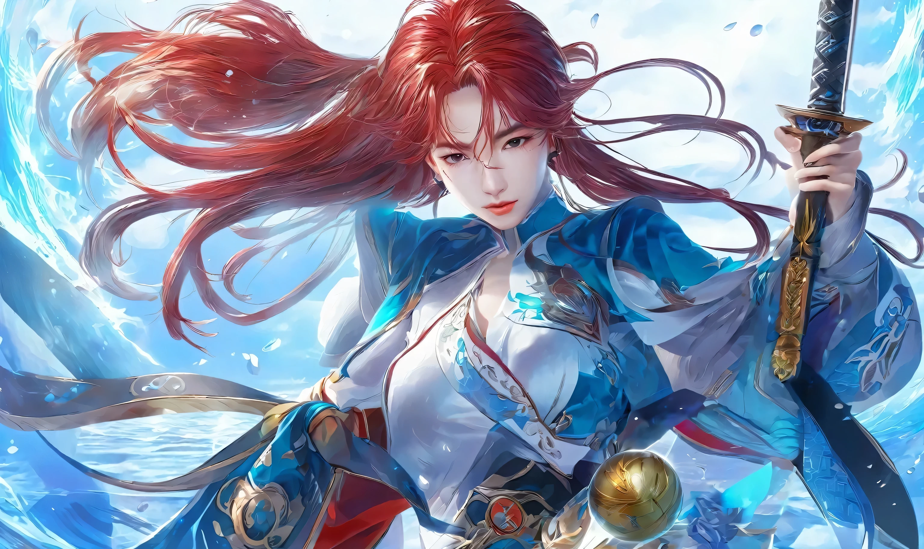 Anime character with a sword and red hair holding a ball, hero 2 d fan art artsation, fan art, Thalia, g liulian art style, zenra Thalia, author：Yang Jie, Avatar pictures, Sancred water style wlop, Extremely detailed artger, youthful Thalia, ! dream art, rossdraws 1. 0, detailed fan art