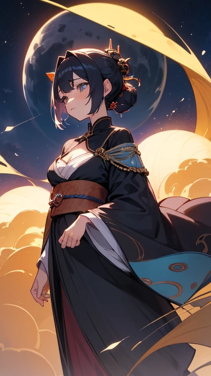 ((highest quality)), ((masterpiece)), Perfect Face, Oiran, A large full moon in the background, Angle where most of the full moon is visible, The full moon is a new yen, A bewitching atmosphere illuminated by moonlight, The hairstyle is Japanese-style by Date Hyogo, 高価で派手な和柄のOiran着物を着ている, Oiran着物の色は真紅やゴールドなどカラフル, Her hair is lavishly decorated with many hairpins., The hairpins worn are either ball-shaped hairpins made of tortoiseshell or flat hairpins with circular decorations., (Biologically correct five human fingers), ((右手に長尺の白州形Oiran煙管を持っている)), Black Hair, Japan person with a beautiful face, (The neckline of the kimono is wide open, making it off-the-shoulder.), (A little bit of shoulder is visible), (Ample breasts), ((A little bit of cleavage is visible)), 目尻に赤いアイシャドウのOiranメイク, ((右手に持った白州形Oiran煙管は朱塗りで吸い口と火皿部分だけは真鍮製)), (白州形Oiran煙管の持ち方は下から指を添える持ち方),