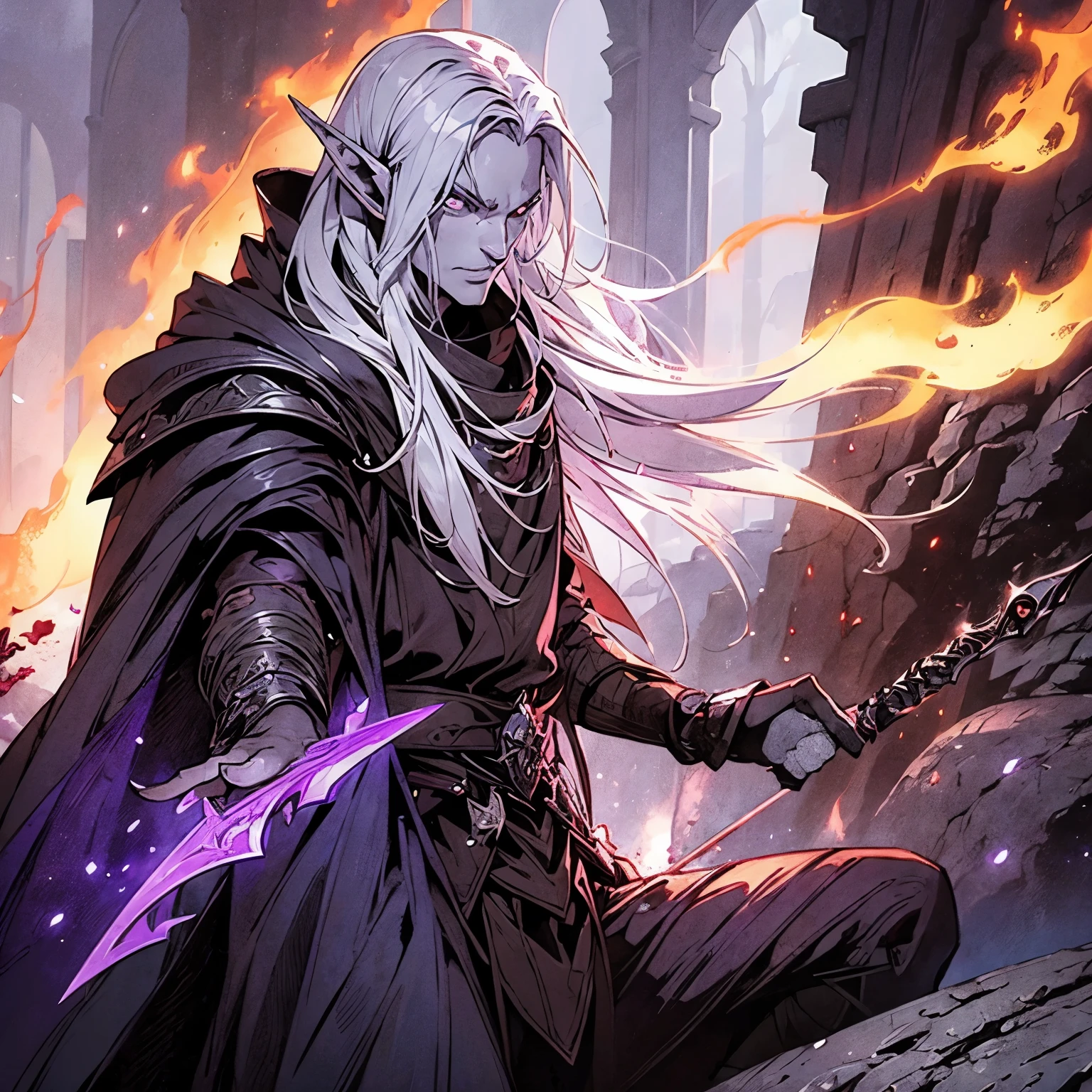 (a male grey elf wearing dark robes,dungeons and dragons npc) ,serious look, sword in side, vivid colors, photorealistic, dusty atmosphere, dim lighting, mysterious, roaring flames flickering, purple aura, detailed face