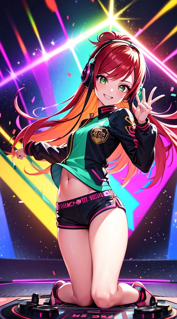 anime girl,club jacket and shorts, headphones,DJ turntable set,club lighting,stage,confetti,dancing,smiling,(best quality:1.2),(ultra-detailed:1.2),(realistic:1.37),HDR,vivid colors,portraits,shorts,headphone girl,energetic pose,colorful lights,stage set,confetti raining,joyful expression,dance floor ,anime style, atmosphere,techno music,electronic dance music,festival vibes,hip hop beats,festival outfit,energetic dance moves,expressive eyes,long hairstyle with vibrant green and red color hair, gold eyes, elaborate makeup neon lights,beaming smile,positive vibes,high-energy performance,stylized backgrounds,colorful visuals,excitement in the air, full body portrait, kneeling, back turned