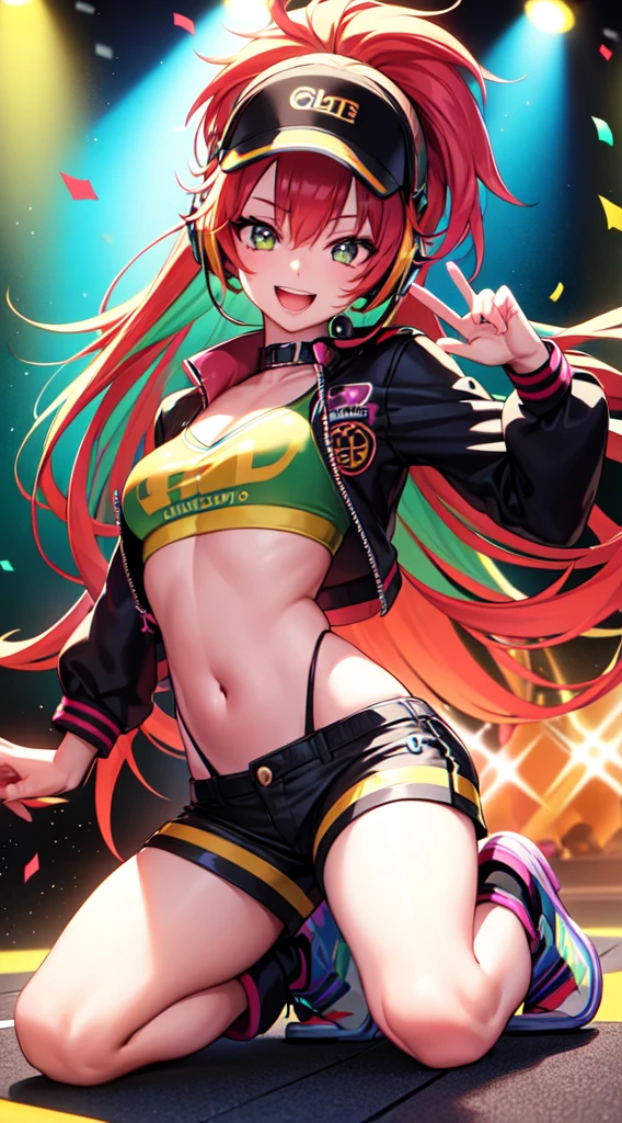 anime girl,club jacket and shorts, headphones,DJ turntable set,club lighting,stage,confetti,dancing,smiling,(best quality:1.2),(ultra-detailed:1.2),(realistic:1.37),HDR,vivid colors,portraits,shorts,headphone girl,energetic pose,colorful lights,stage set,confetti raining,joyful expression,dance floor ,anime style, atmosphere,techno music,electronic dance music,festival vibes,hip hop beats,festival outfit,energetic dance moves,expressive eyes,long hairstyle with vibrant green and red color hair, gold eyes, elaborate makeup neon lights,beaming smile,positive vibes,high-energy performance,stylized backgrounds,colorful visuals,excitement in the air, full body portrait, kneeling, back turned