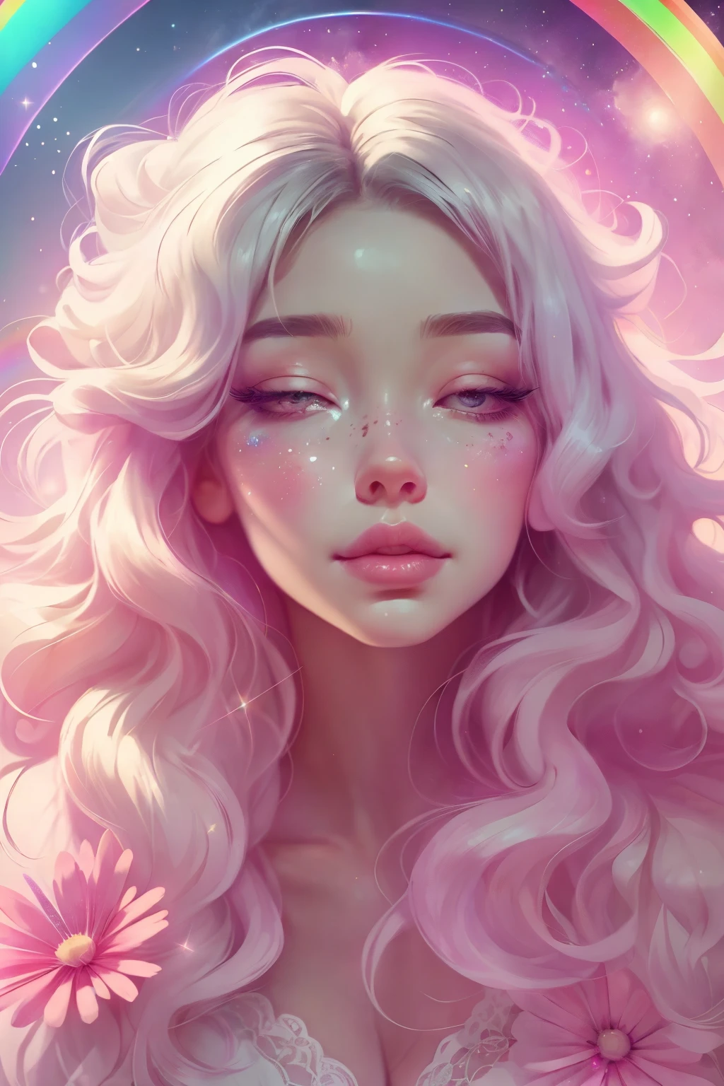 (This is a beautiful rainbow fantasy image that feels interesting and emphasizes glitter and iridescence.) Generate a ((blind)) curvy woman with colorful curly hair and milky white eyes. Her face is important and is perfectly formed with puffy lips and perfect features. (Her eyes are critically important and are (blank) and (solid white)). The image exudes ethereal beauty and soft fantasy. Include sweet and detailed birds and soft, luminous flowers in all the colors of the rainbow. The image's background is decorated in shades of pink, shimmer, glitter, and fantasy details like colored bubbles and cosmos. Utilize dynamic composition to create a compelling and action-packed image. Dramatic lighting and cinematic lighting enhance the woman's beauty and the soft colors in the artwork. (((((Perspective: head on.))))) Include fantasy, cute, colorful, colourful, interesting magic background, ((((blank eyes)))), ((((empty white eyes)))), (shirome eyes:1.3), (smirking), (perfectly rendered solid whiteeyes), ((birthmark on lip)), ((pretty lips)), beautiful background, complex background, sweet background, (((rainbow)))