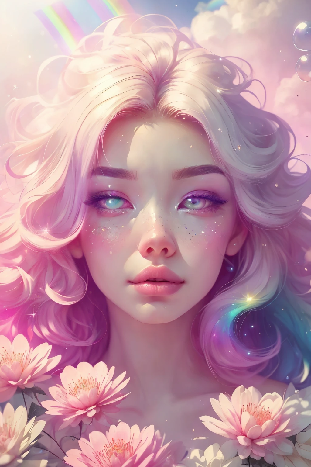 (This is a beautiful rainbow fantasy image that feels interesting and emphasizes glitter and iridescence.) Generate a ((blind)) curvy woman with colorful curly hair and milky white eyes. Her face is important and is perfectly formed with puffy lips and perfect features. (Her eyes are critically important and are (blank) and (solid white)). The image exudes ethereal beauty and soft fantasy. Include sweet and detailed birds and soft, luminous flowers in all the colors of the rainbow. The image's background is decorated in shades of pink, shimmer, glitter, and fantasy details like colored bubbles and cosmos. Utilize dynamic composition to create a compelling and action-packed image. Dramatic lighting and cinematic lighting enhance the woman's beauty and the soft colors in the artwork. (((((Perspective: head on.))))) Include fantasy, cute, colorful, colourful, interesting magic background, ((((blank eyes)))), ((((empty white eyes)))), (shirome eyes:1.3), (smirking), (perfectly rendered solid whiteeyes), ((birthmark on lip)), ((pretty lips)), beautiful background, complex background, sweet background, (((rainbow)))