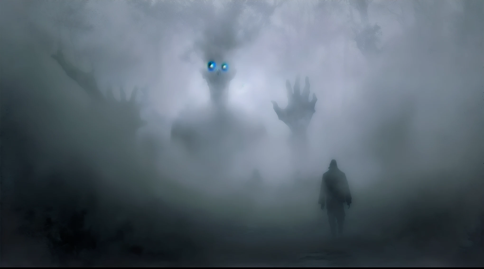 Arafed stands in a foggy forest with his hands raised, paranormal monster, spiritual creepy creepy picture, A dark mist surrounds him, creepy person silhouette, creepy person, uncanny and Scary atmosphere, creating an ominous presence, scary shadow people, creepy!, emerging from the fog, Scary atmosphere, An ethereal ghostly atmosphere, low visibility creepy, A sinister figure in the background