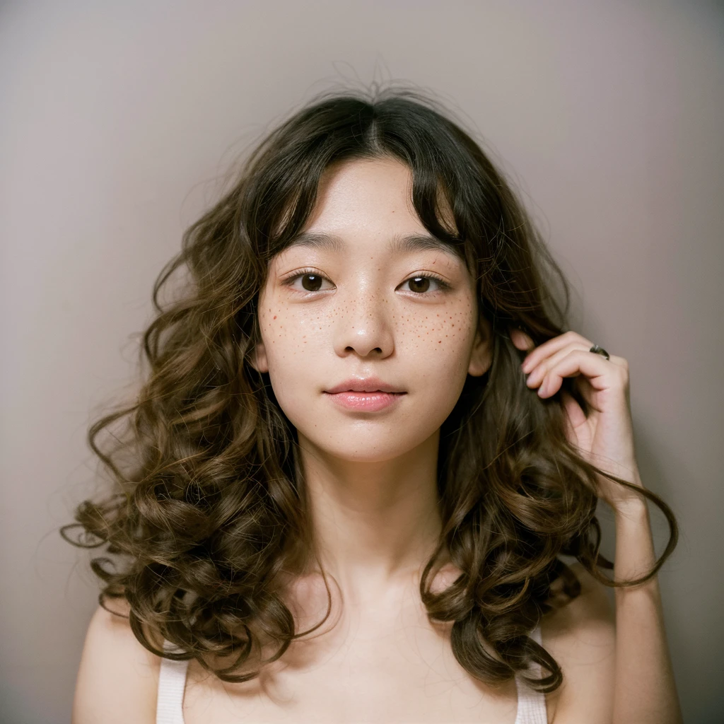 ((Photo)) Asian pale beauty with freckles on her face and a band-aid on her cheek, with medium-long dark hair with curls at the end, has thin lip. 