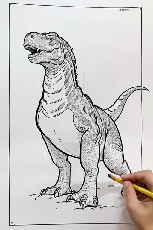 Generate a digital template of a blank white sheet with easy-to-color black and white outlines of dinosaurs. The drawings should be simple and friendly, featuring popular dinosaur species like Tyrannosaurus rex, Triceratops, Stegosaurus, and Brachiosaurus. Focus on creating basic outlines that are easy for children to color within the lines, with clear shapes and minimal intricate details. Ensure that the dinosaurs are arranged spaciously on the sheet, allowing room for coloring without overcrowding. Consider adding smiling faces or other playful elements to make the dinosaurs more engaging for young artists. The final template should be suitable for printing and provide a fun coloring activity for children."






