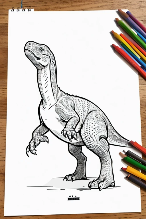 Generate a digital template of a blank white sheet with easy-to-color black and white outlines of dinosaurs. The drawings should be simple and friendly, featuring popular dinosaur species like Tyrannosaurus rex, Triceratops, Stegosaurus, and Brachiosaurus. Focus on creating basic outlines that are easy for children to color within the lines, with clear shapes and minimal intricate details. Ensure that the dinosaurs are arranged spaciously on the sheet, allowing room for coloring without overcrowding. Consider adding smiling faces or other playful elements to make the dinosaurs more engaging for young artists. The final template should be suitable for printing and provide a fun coloring activity for children."






