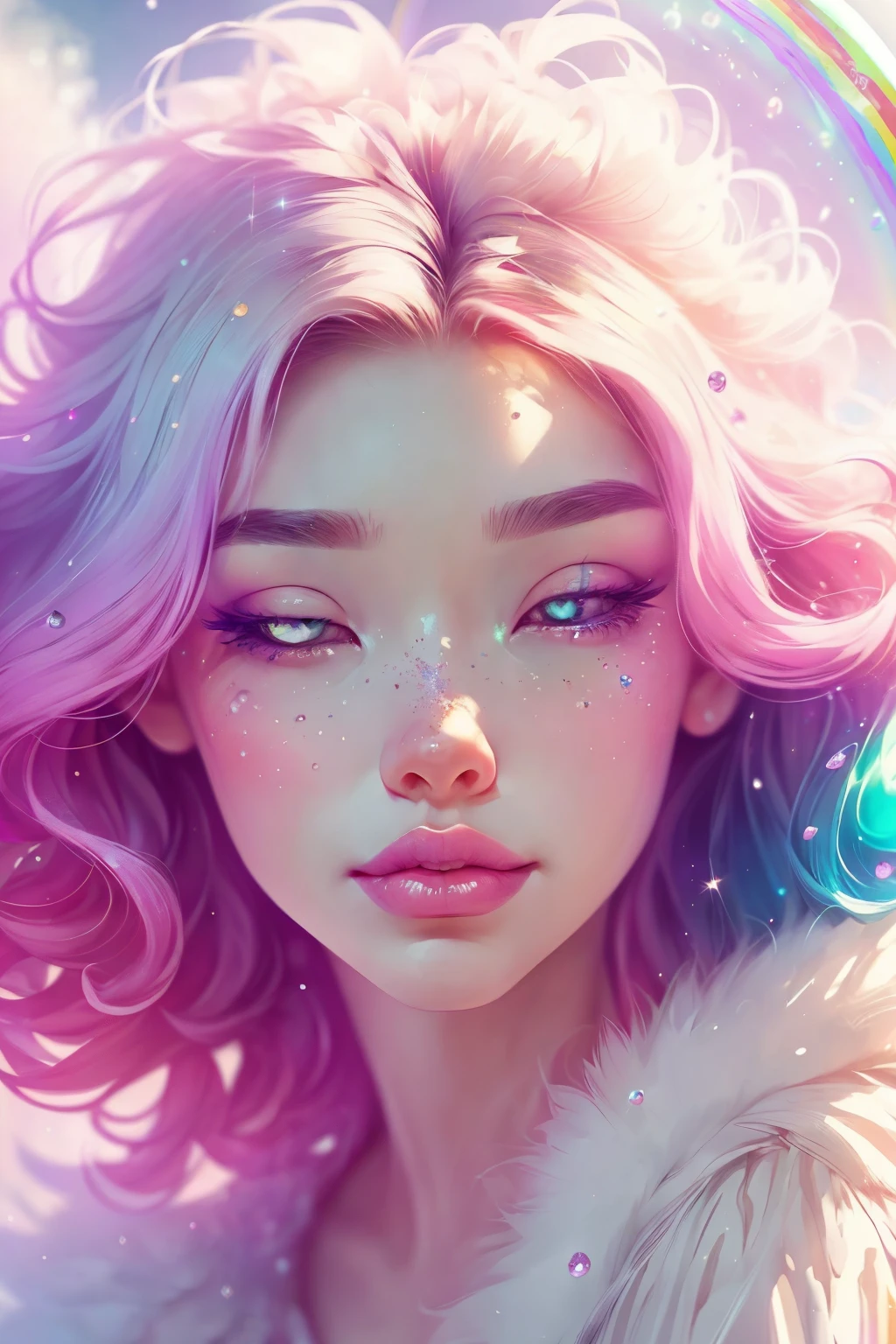 (This is a beautiful rainbow fantasy image that feels interesting and emphasizes glitter and iridescence.) Generate a ((blind)) curvy woman with colorful curly hair and milky white eyes. Her face is important and is perfectly formed with puffy lips and perfect features. (Her eyes are critically important and are (blank) and (solid white)). The image exudes ethereal beauty and soft fantasy. Include sweet and detailed birds and soft, luminous flowers in all the colors of the rainbow. The image's background is decorated in shades of pink, shimmer, glitter, and fantasy details like colored bubbles and cosmos. Utilize dynamic composition to create a compelling and action-packed image. Dramatic lighting and cinematic lighting enhance the woman's beauty and the soft colors in the artwork. (((((Perspective: head on.))))) Include fantasy, cute, colorful, colourful, interesting magic background, ((((blank eyes)))), ((((empty white eyes)))), (shirome eyes:1.3), (smirking), (perfectly rendered solid whiteeyes), ((birthmark on lip)), ((pretty lips)), beautiful background, complex background, sweet background, (((rainbow)))