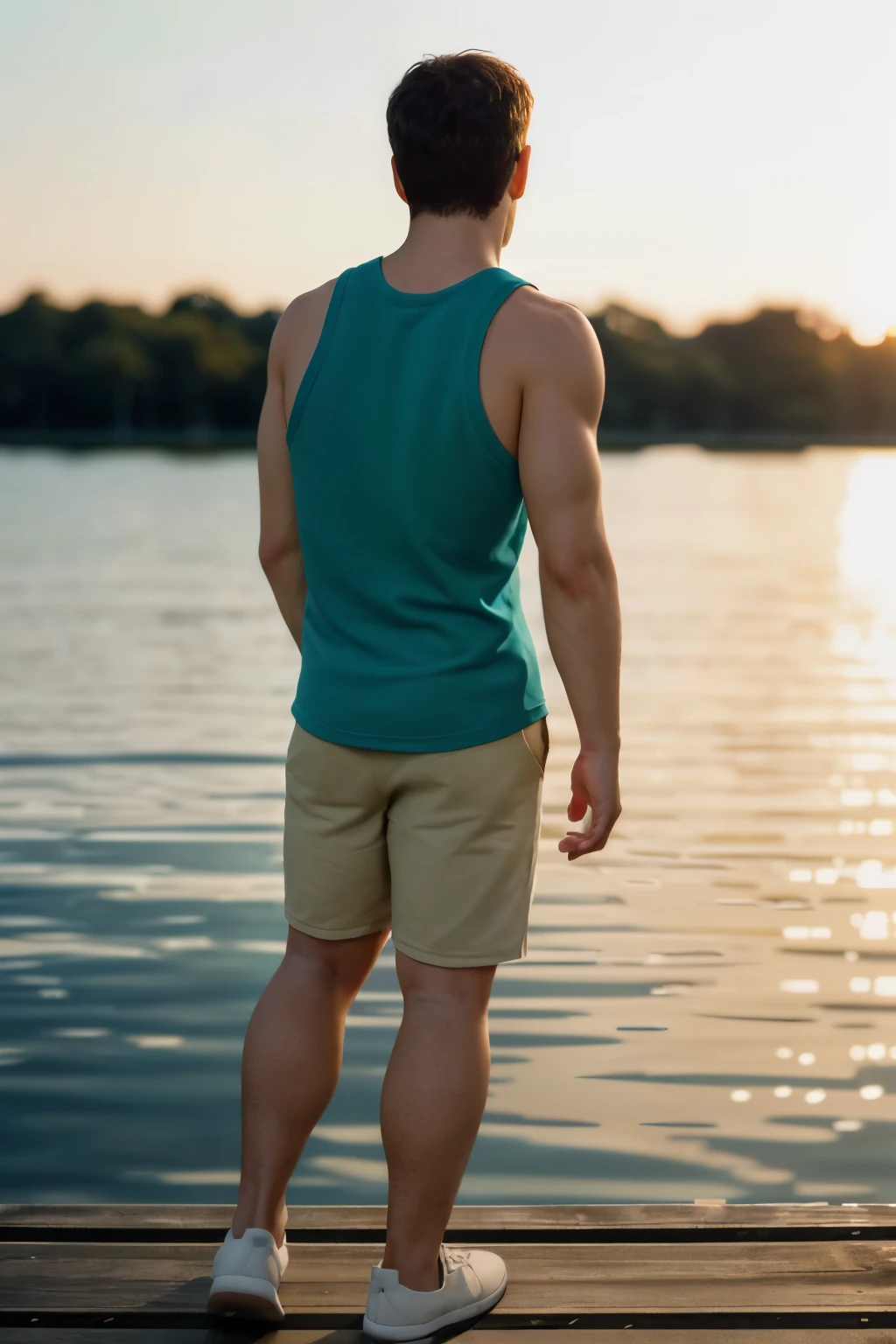 from behind, looking back, photo of dantaiperson, wearing a well-fitted teal tank top, wearing tight khaki shorts and white sneakers, light bokeh, blurred outdoor lake background, golden hour, natural light, sunlight, relaxed natural expression, looking at camera 35mm photograph, film, bokeh, professional, 4k, highly detailed, a weathered pier in the background