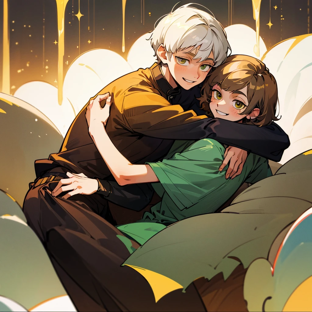 Two young men hugging.one is beautiful ,18years old with white short hair and green eyes with cute smile.the other is serious characterized ,23years old with black wolfy haircut and yellowish brown eyes,smiling with soft smile