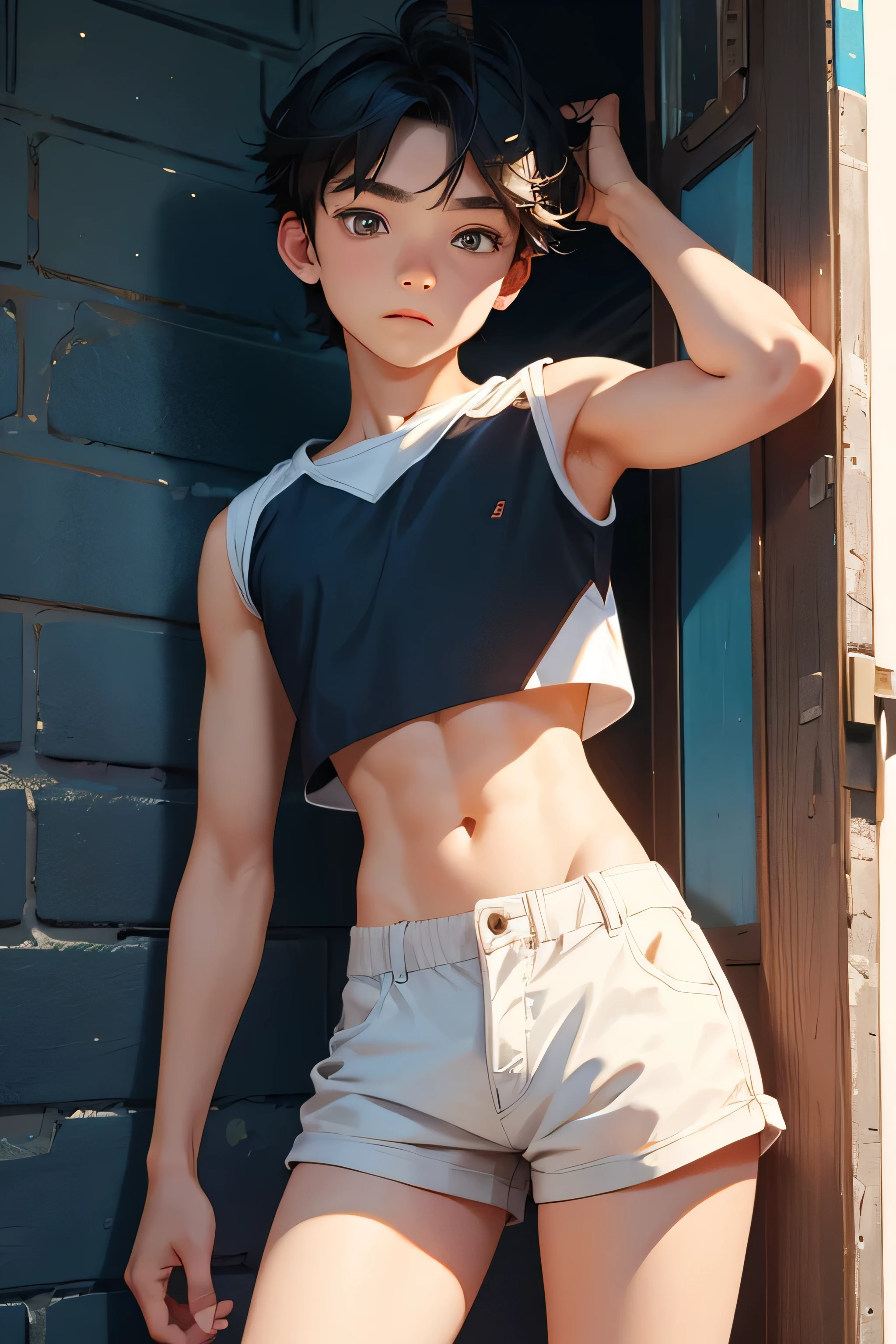 Teen boy ************, boy wears a crop top and too very short shorts,