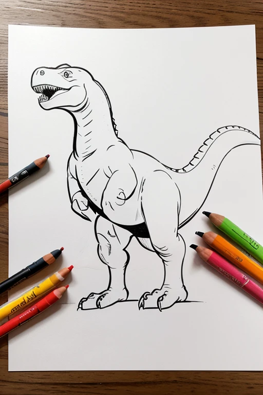Generate a digital template of a blank white sheet with easy-to-color black and white outlines of dinosaurs. The drawings should be simple and friendly, featuring popular dinosaur species like Tyrannosaurus rex, Triceratops, Stegosaurus, and Brachiosaurus. Focus on creating basic outlines that are easy for children to color within the lines, with clear shapes and minimal intricate details. Ensure that the dinosaurs are arranged spaciously on the sheet, allowing room for coloring without overcrowding. Consider adding smiling faces or other playful elements to make the dinosaurs more engaging for young artists. The final template should be suitable for printing and provide a fun coloring activity for children."