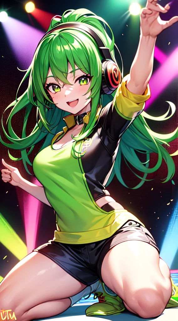 anime girl,club jacket and shorts, headphones,DJ turntable set,club lighting,stage,confetti,dancing,smiling,(best quality:1.2),(ultra-detailed:1.2),(realistic:1.37),HDR,vivid colors,portraits,shorts,headphone girl,energetic pose,colorful lights,stage set,confetti raining,joyful expression,dance floor ,anime style, atmosphere,techno music,electronic dance music,festival vibes,hip hop beats,festival outfit,energetic dance moves,expressive eyes,long hairstyle with vibrant green and red color hair, gold eyes, elaborate makeup neon lights,beaming smile,positive vibes,high-energy performance,stylized backgrounds,colorful visuals,excitement in the air, full body portrait, kneeling, back turned 