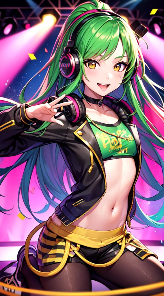 anime girl,club jacket and shorts, headphones,DJ turntable set,club lighting,stage,confetti,dancing,smiling,(best quality:1.2),(ultra-detailed:1.2),(realistic:1.37),HDR,vivid colors,portraits,shorts,headphone girl,energetic pose,colorful lights,stage set,confetti raining,joyful expression,dance floor ,anime style, atmosphere,techno music,electronic dance music,festival vibes,hip hop beats,festival outfit,energetic dance moves,expressive eyes,long hairstyle with vibrant green and red color hair, gold eyes, elaborate makeup neon lights,beaming smile,positive vibes,high-energy performance,stylized backgrounds,colorful visuals,excitement in the air, full body portrait, kneeling, back turned