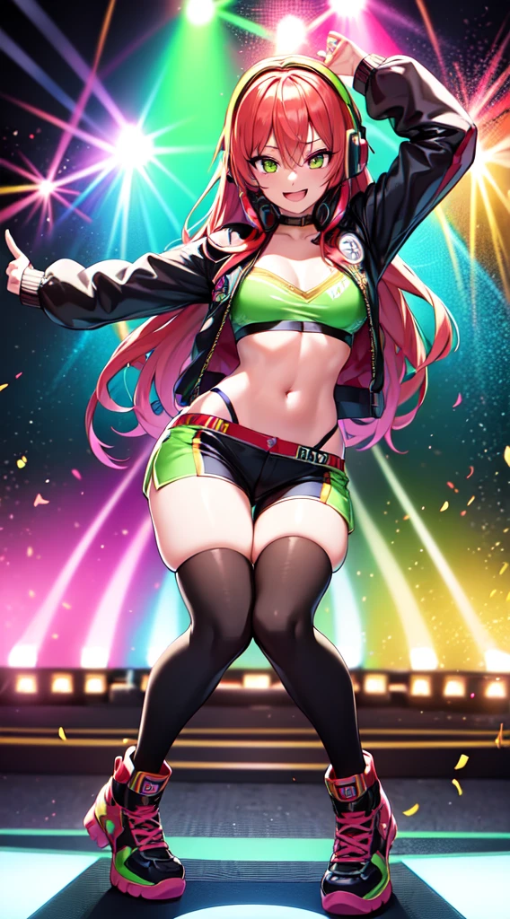 anime girl,club jacket and shorts, headphones,DJ turntable set,club lighting,stage,confetti,dancing,smiling,(best quality:1.2),(ultra-detailed:1.2),(realistic:1.37),HDR,vivid colors,portraits,shorts,headphone girl,energetic pose,colorful lights,stage set,confetti raining,joyful expression,dance floor ,anime style, atmosphere,techno music,electronic dance music,festival vibes,hip hop beats,festival outfit,energetic dance moves,expressive eyes,long hairstyle with vibrant green and red color hair, gold eyes, elaborate makeup neon lights,beaming smile,positive vibes,high-energy performance,stylized backgrounds,colorful visuals,excitement in the air, full body portrait, kneeling, back turned